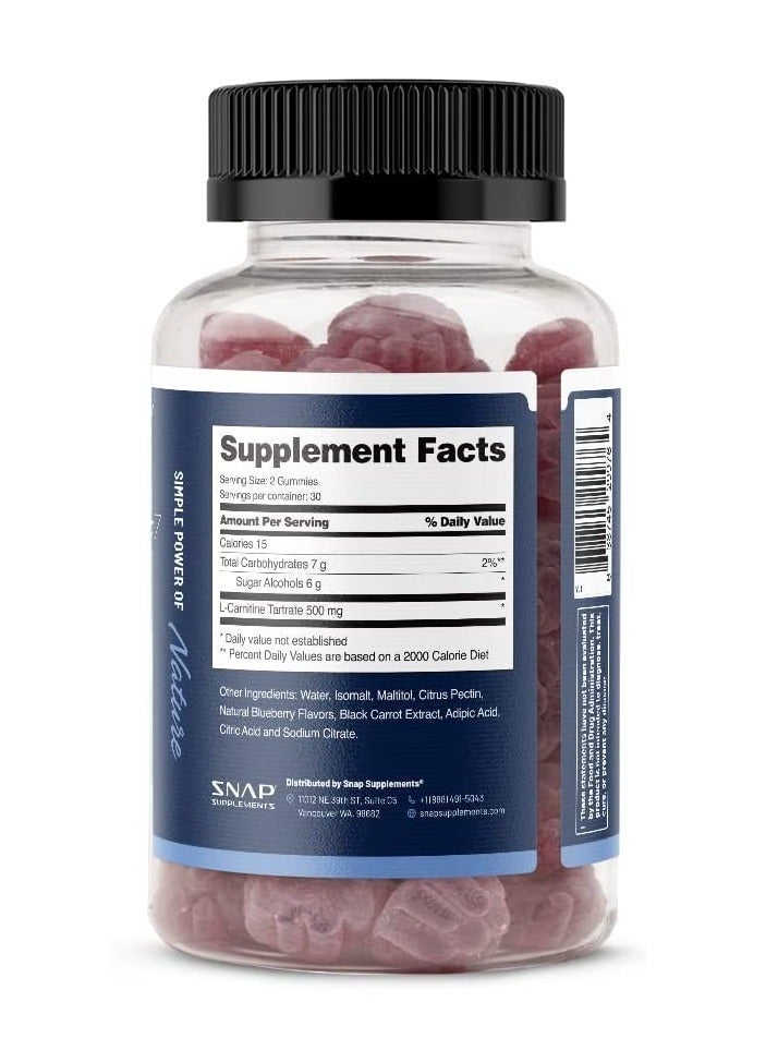 L-Carnitine Sugar-Free Blueberry Gummies Increased Energy¹ Jump Start Metabolism² Exercise Recovery³, Free Of Big 8 Allergens. Dietary Supplement 60 Gummies